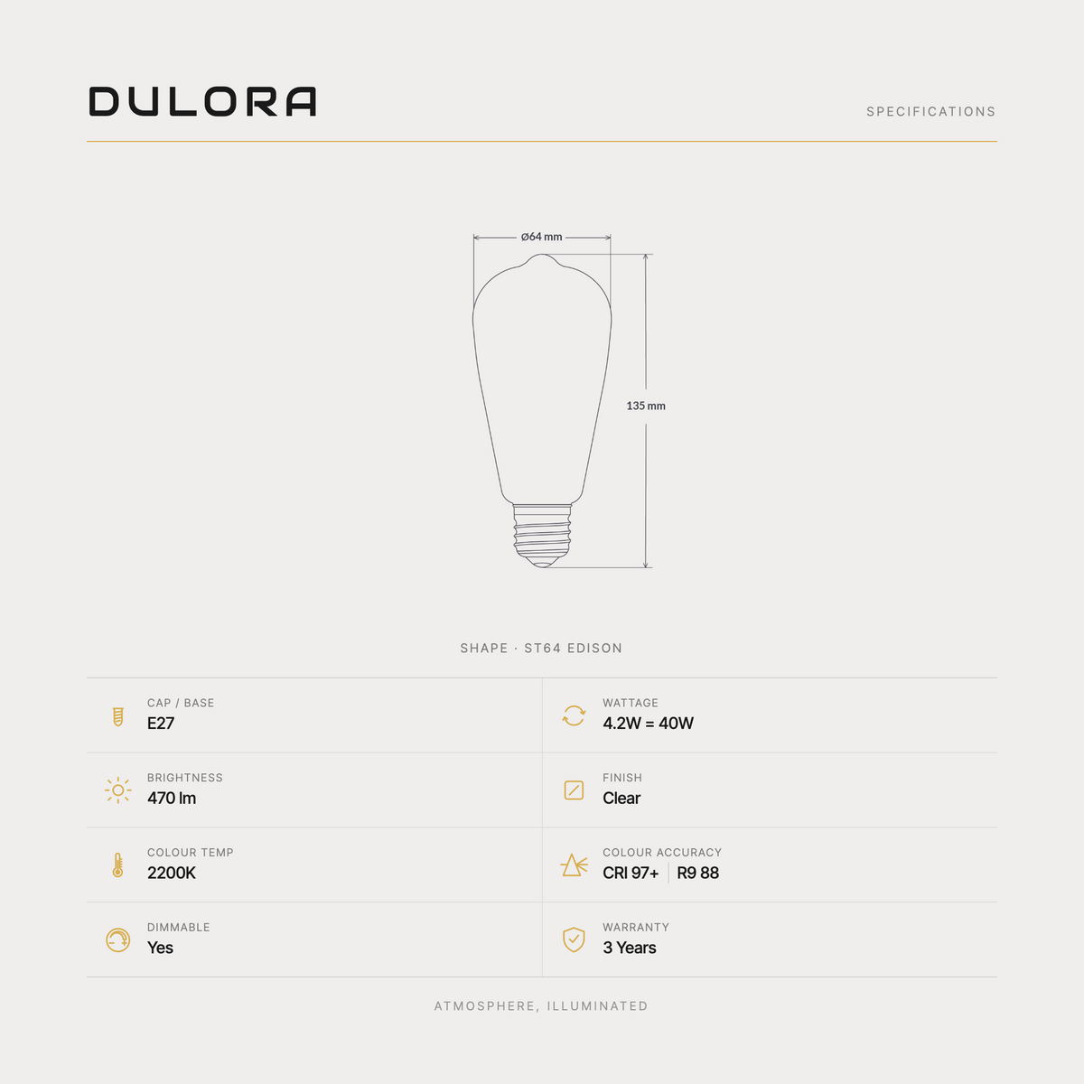 Dulora 4.2W ST64 Edison LED bulb E27 specifications: 470 lumens, 2200K, CRI 97+ R9 88, dimmable, 3-year warranty