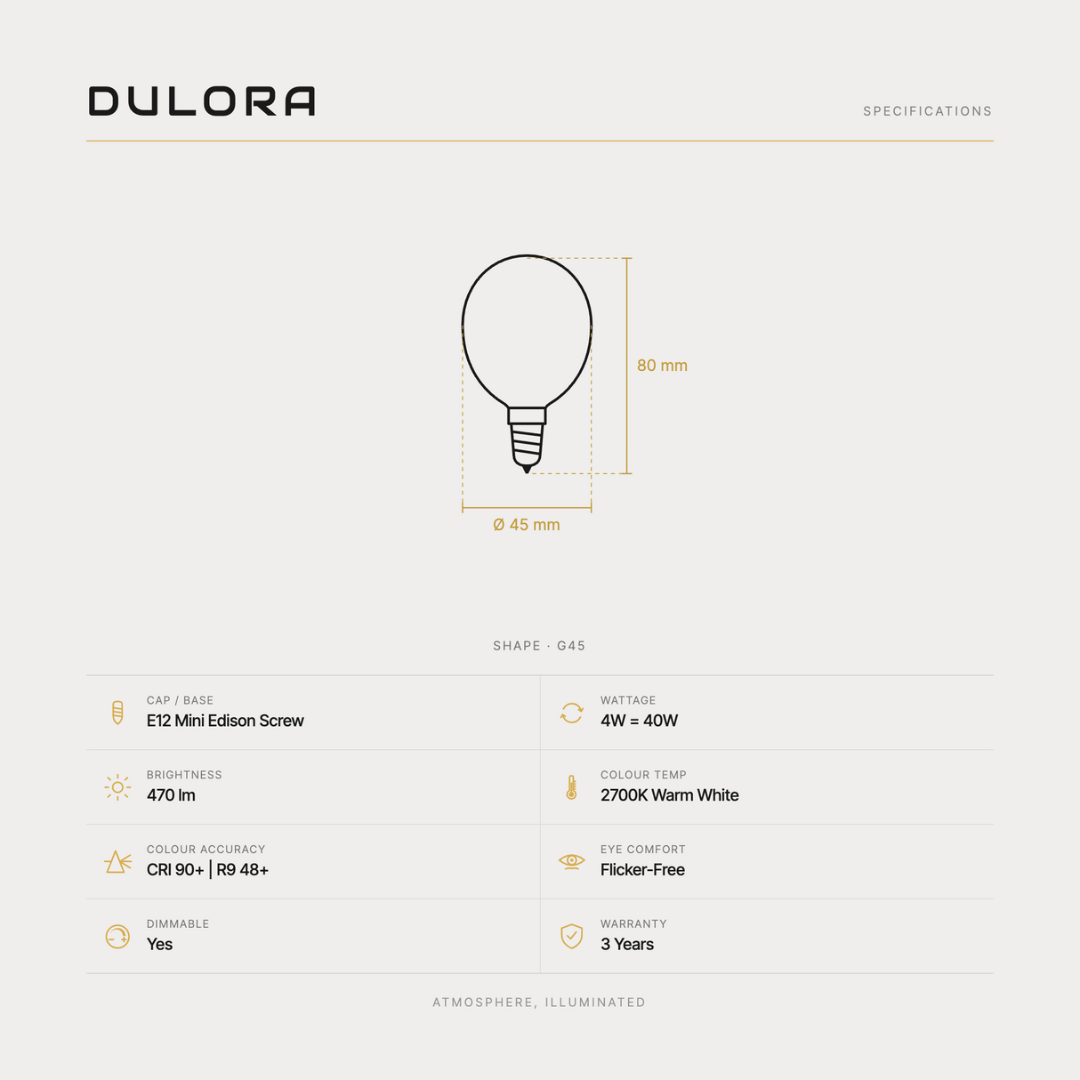 Dulora 4W G45 fancy round LED bulb E12 frost specifications: 470 lm, 2700K warm white, CRI 90+ and R9 48+, dimmable, flicker-free, 3 year warranty, 80mm by 45mm