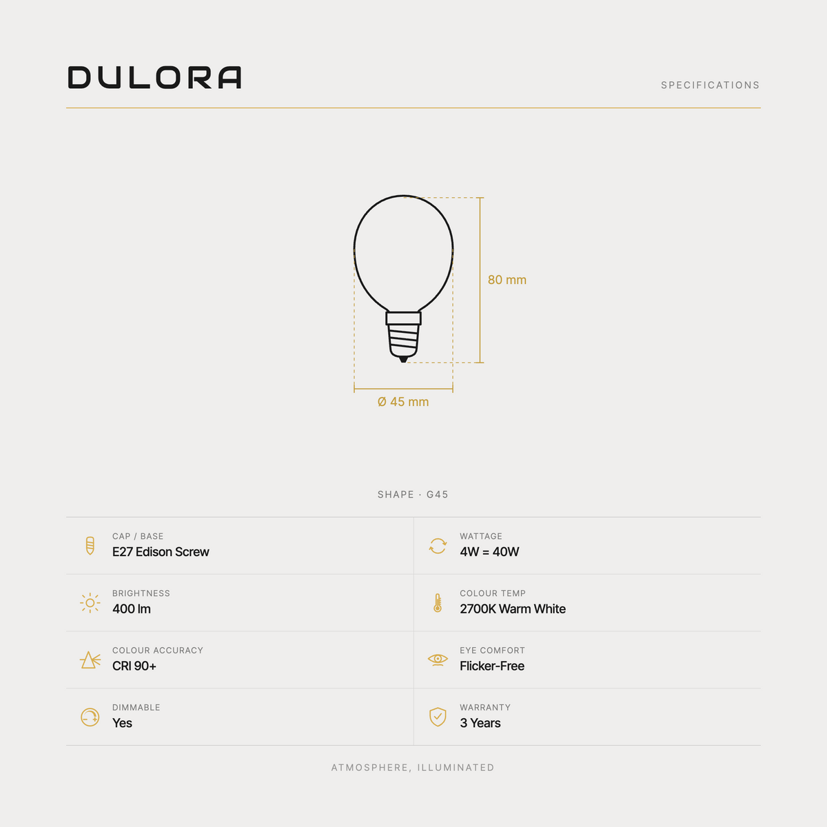Dulora 4W G45 fancy round gold crown LED bulb E27 specifications: 400 lm, 2700K warm white, CRI 90+, dimmable, flicker-free, 3 year warranty, 80mm by 45mm