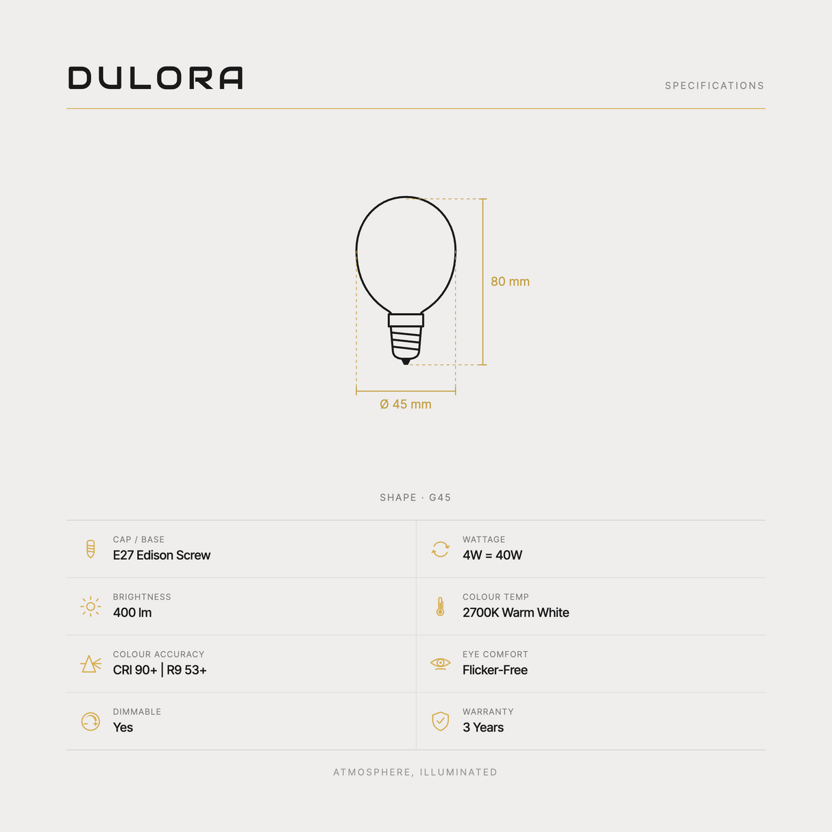 Dulora 4W G45 fancy round LED bulb E27 porcelain specifications: 400 lm, 2700K warm white, CRI 90+ and R9 53+, dimmable, flicker-free, 3 year warranty, 80mm by 45mm