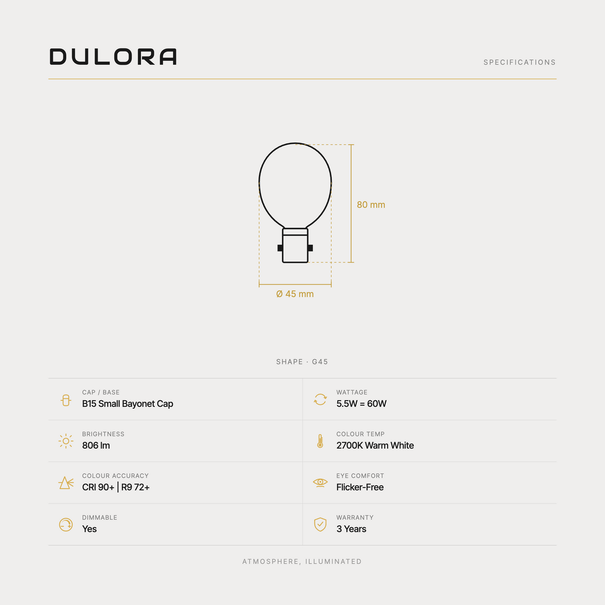 Dulora 5.5W G45 fancy round LED bulb B15 frost specifications: 806 lm, 2700K warm white, CRI 90+ and R9 72+, dimmable, flicker-free, 3 year warranty, 80mm by 45mm
