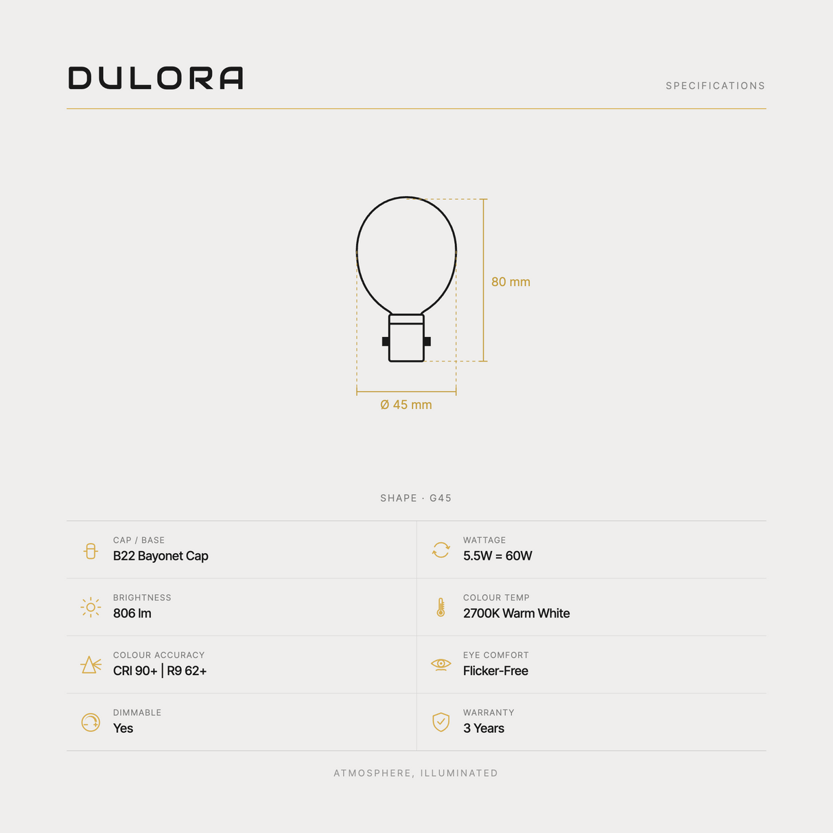 Dulora 5.5W G45 fancy round LED bulb B22 clear specifications: 806 lm, 2700K warm white, CRI 90+ and R9 62+, dimmable, flicker-free, 3 year warranty, 80mm by 45mm