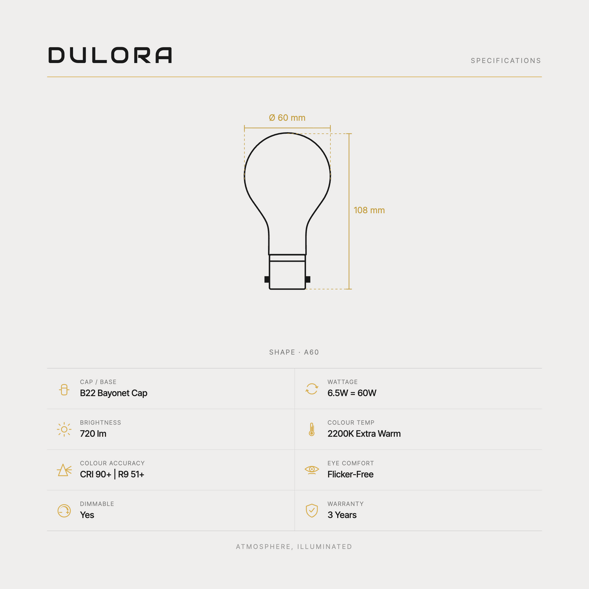 Dulora 6.5W A60 GLS LED bulb B22 clear extra warm specifications: 720 lm, 2200K extra warm, CRI 90+ and R9 51+, dimmable, flicker-free, 3 year warranty, 108mm by 60mm
