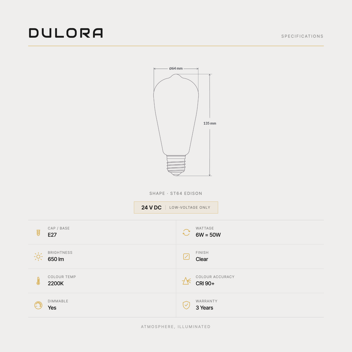 Dulora 6W 24V DC ST64 Edison LED bulb E27 specifications: 650 lumens, 2200K clear, CRI 90+, dimmable, low-voltage, 3-year warranty