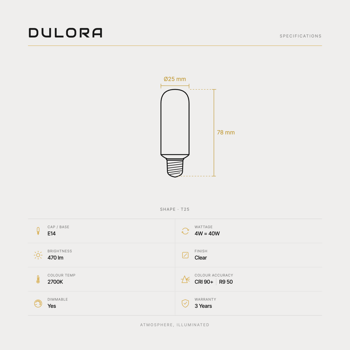 4W T25 LED bulb E14 specifications: 470 lm, 2700K, CRI 90+, R9 50, dimmable, 3-year warranty