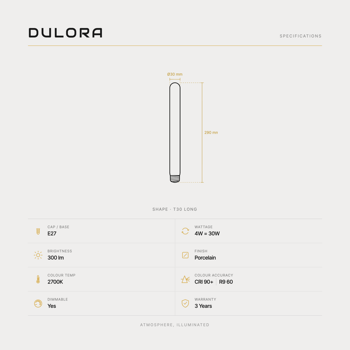 4W Long Tube Porcelain LED bulb E27 specifications: 30x290mm, 300 lm, 2700K, CRI 90+, R9 60, dimmable, 3-year warranty
