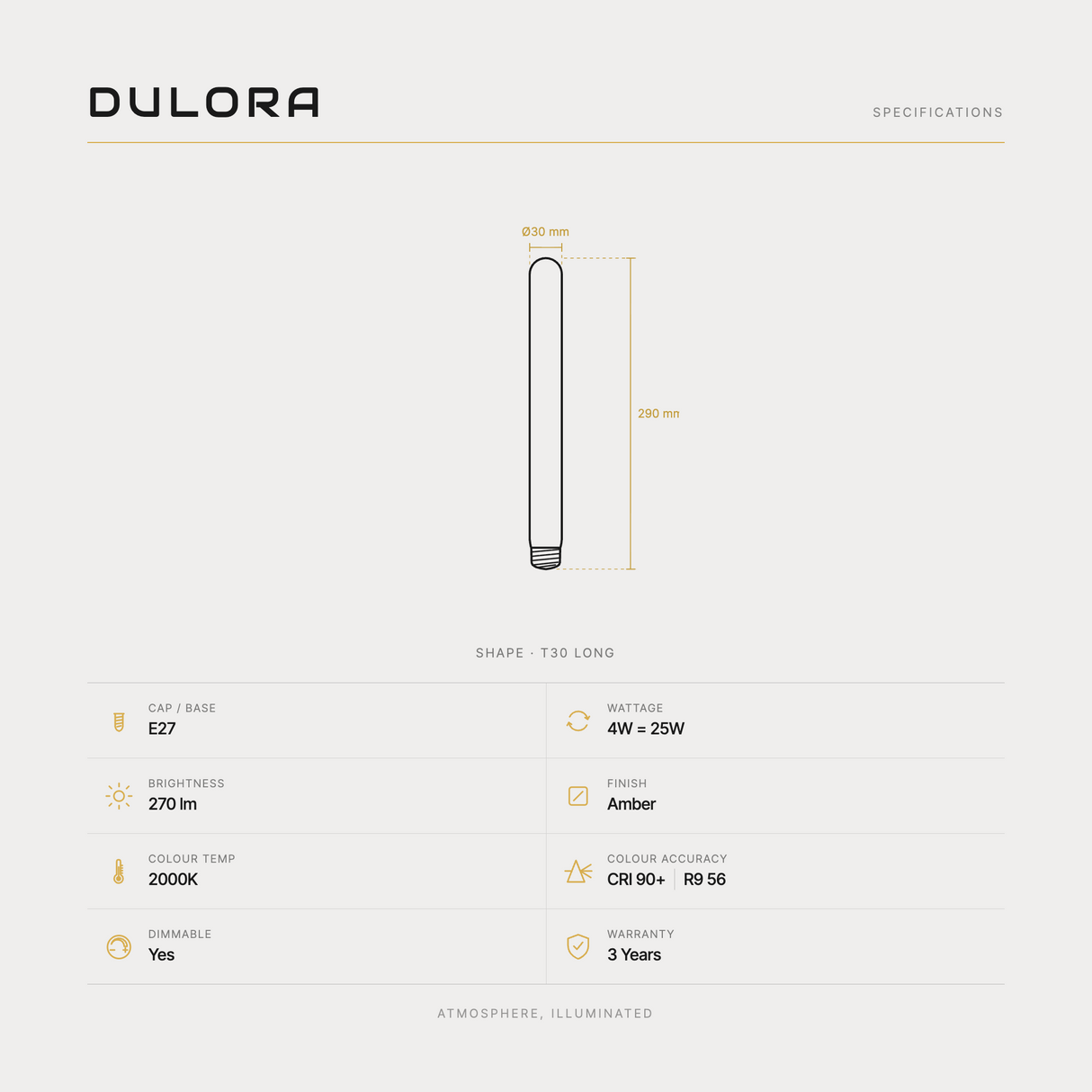 4W Long Tube Vintage LED bulb E27 specifications: 30x290mm, 270 lm, 2000K, CRI 90+, R9 56, dimmable, 3-year warranty
