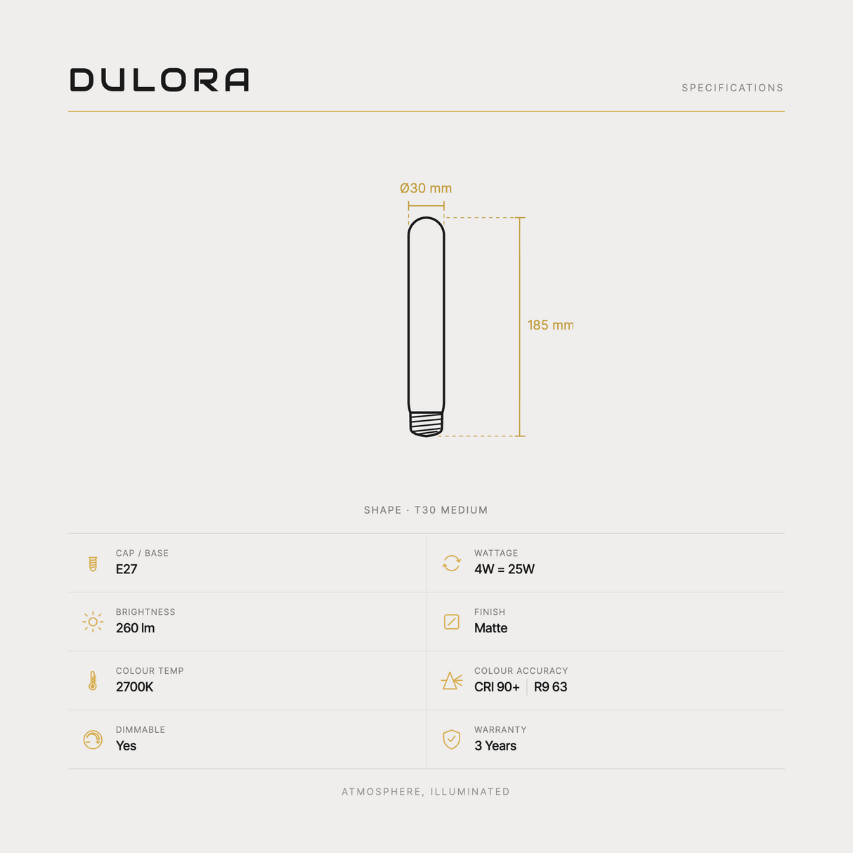 4W Medium Tube Matte LED bulb E27 specifications: 30x185mm, 260 lm, 2700K, CRI 90+, R9 63, dimmable, 3-year warranty