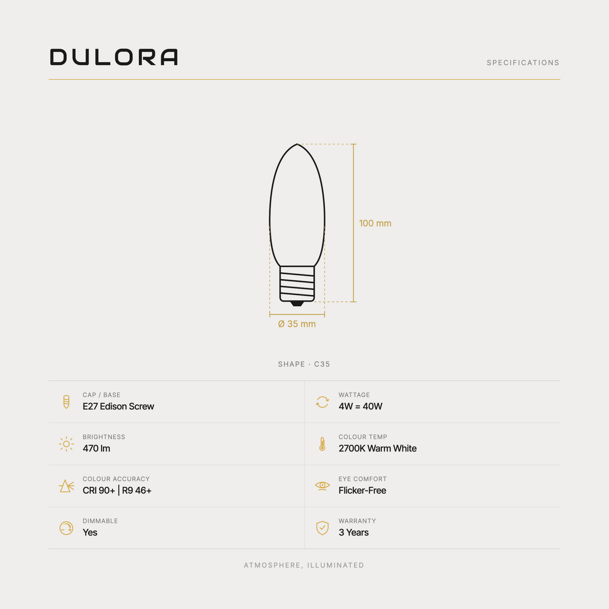 Dulora 4W C35 candle LED bulb E27 frost specifications: 470 lm, 2700K warm white, CRI 90+ | R9 46+, dimmable, flicker-free, 3 year warranty, 100mm by 35mm
