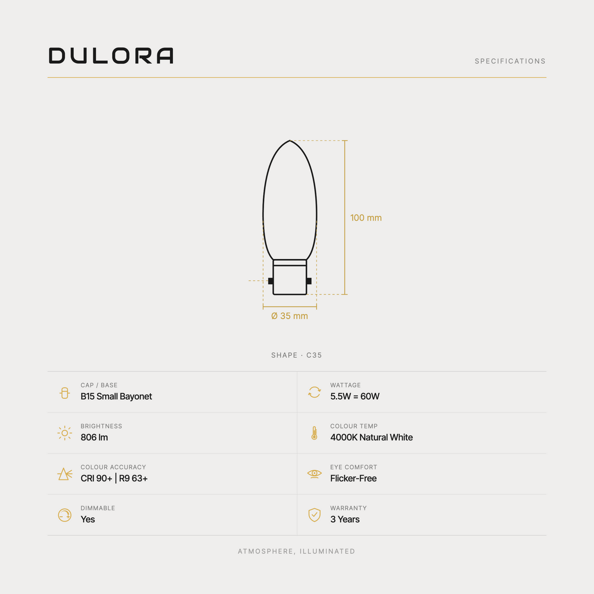 Dulora 5.5W C35 candle LED bulb B15 clear 4000K specifications: 806 lm, 4000K natural white, CRI 90+ | R9 63+, dimmable, flicker-free, 3 year warranty, 100mm by 35mm