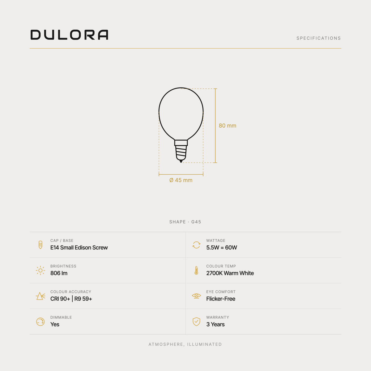 Dulora 5.5W G45 fancy round LED bulb E14 clear specifications: 806 lm, 2700K warm white, CRI 90+ | R9 59+, dimmable, flicker-free, 3 year warranty, 80mm by 45mm