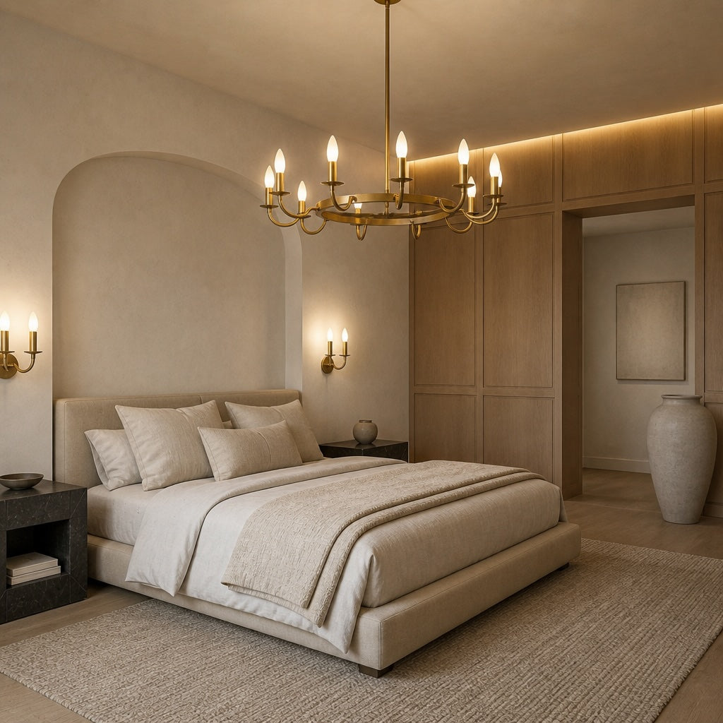 A luxury bedroom featuring multiple Dulora Frosted Dimmable Candle LED Bulbs emitting warm 2700K light in a modern brass multi-light bedroom chandelier.