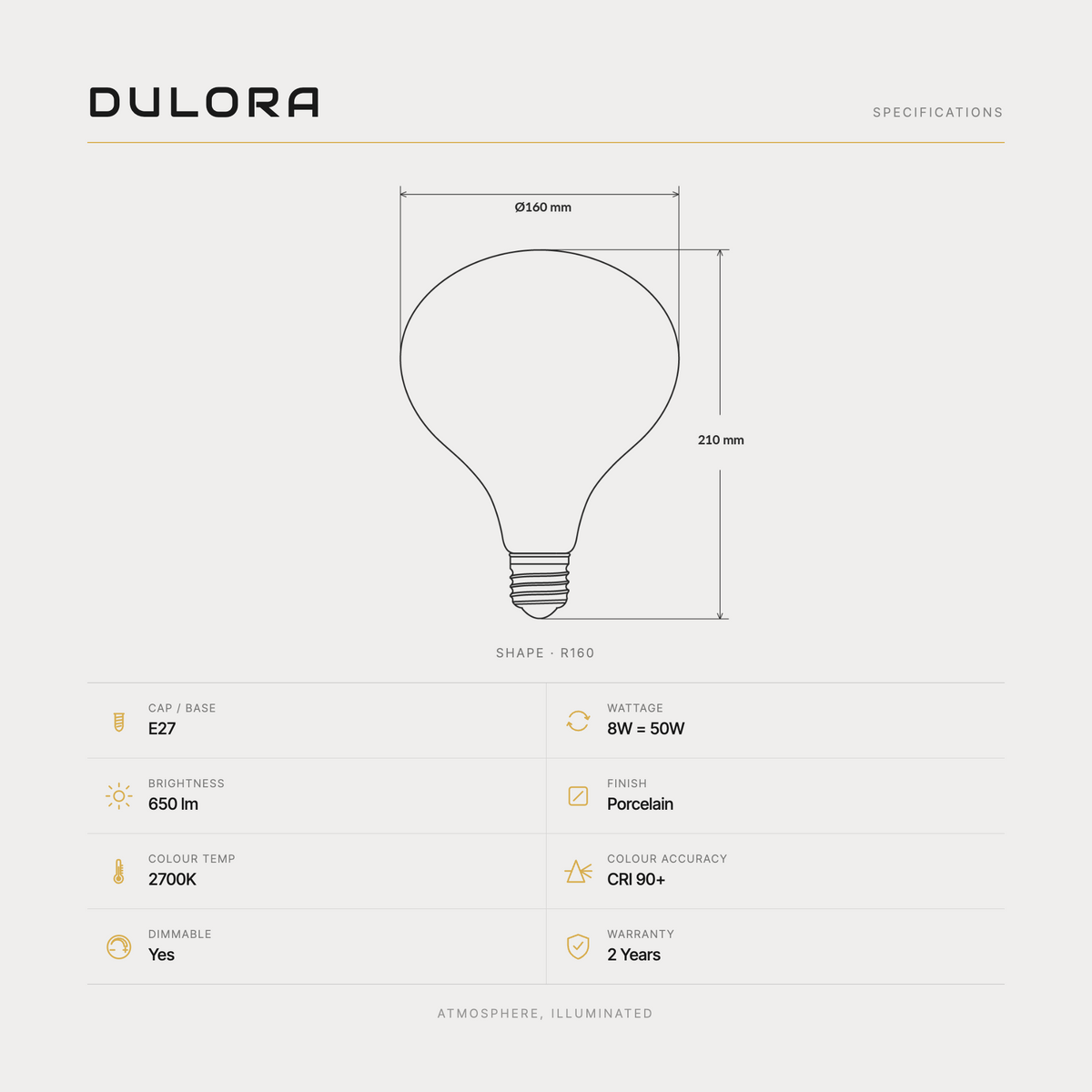 Dulora The Alabaster Glow 160 specifications: R160 porcelain globe, 160 mm diameter by 210 mm, E27, 8W = 50W, 650 lm, 2700K, CRI 90+, dimmable, 2-year warranty