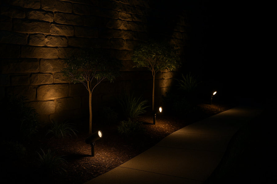 Outdoor LED spotlights lighting a garden at night