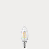 Dulora 4W 12-24 Volt AC/DC Candle LED Bulb E14 Clear in Warm White with slender candle shape and exposed filaments