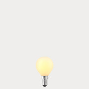 Dulora 4W 24 Volt DC Fancy Round LED Bulb E14 Opal in Warm White glowing softly through opal glass