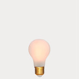 Dulora 6.5W E27 LED GLS bulb in frosted glass, glowing with 2200K extra warm white light