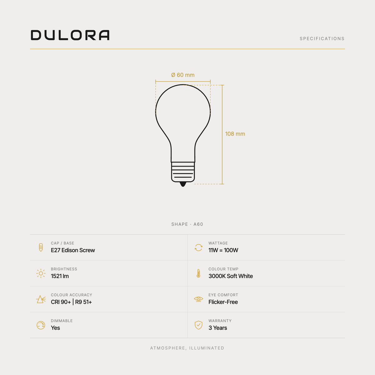 11W GLS LED Bulb E27 Clear Soft White 3000K (F1127-A60-C-30K) specifications