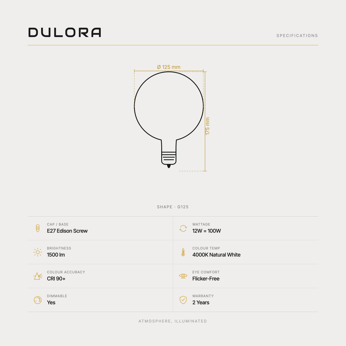 Dulora 12W G125 LED Globe E27 Matte Finish in Natural White, specifications