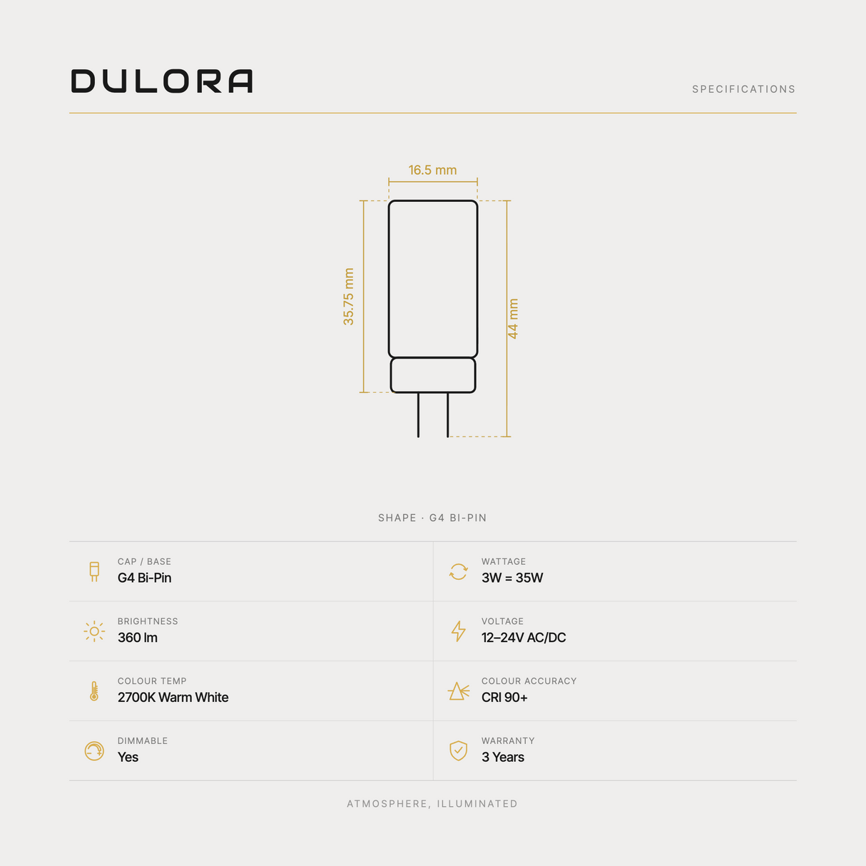Dulora 3W G4 12-24V AC/DC Bi-Pin LED Bulb specifications
