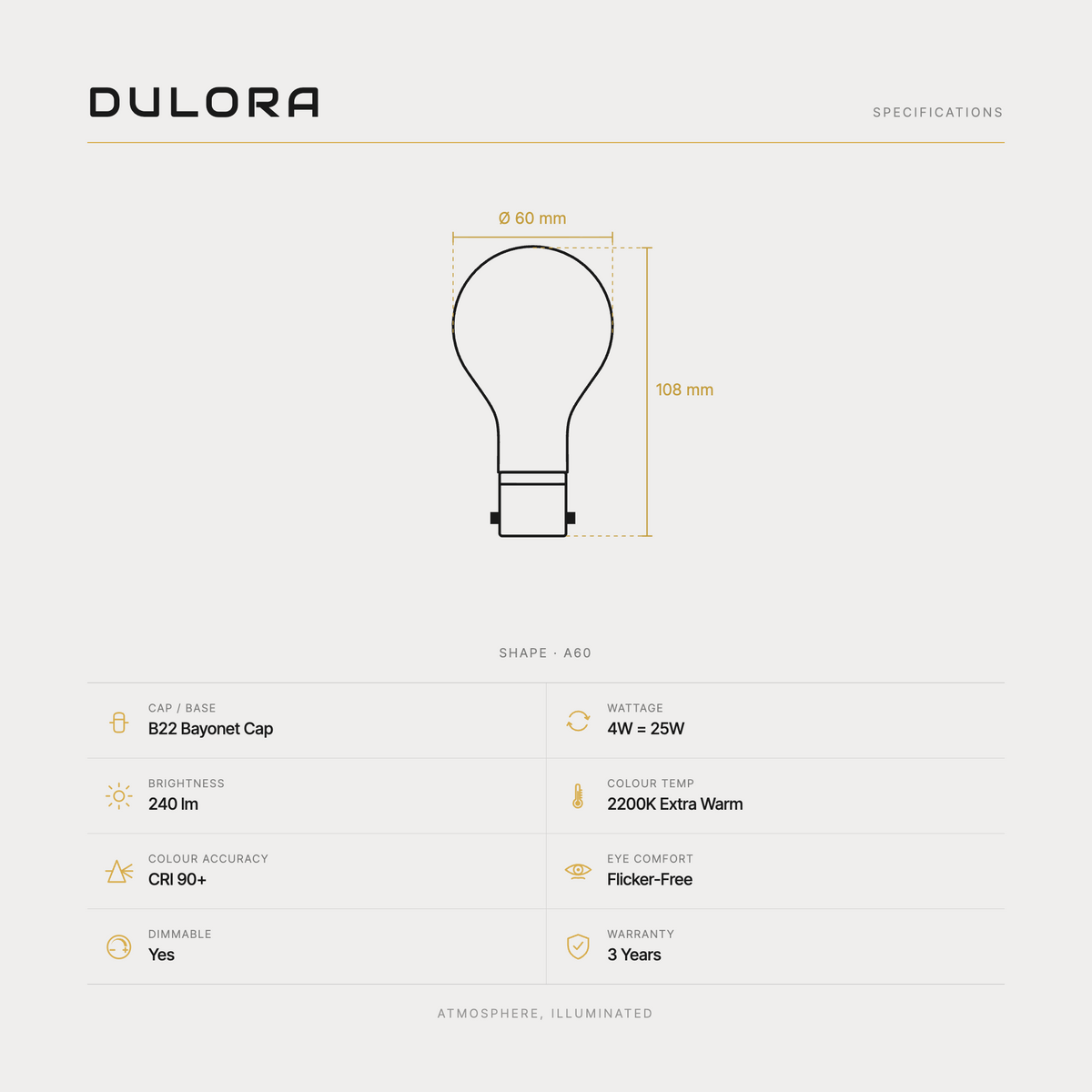 Dulora 4W A60 quad loop GLS LED bulb B22 extra warm specifications: 240 lm, 2200K extra warm, CRI 90+, dimmable, flicker-free, 3 year warranty, 108mm by 60mm