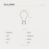 Dulora 4W A60 quad loop GLS LED bulb B22 extra warm specifications: 240 lm, 2200K extra warm, CRI 90+, dimmable, flicker-free, 3 year warranty, 108mm by 60mm