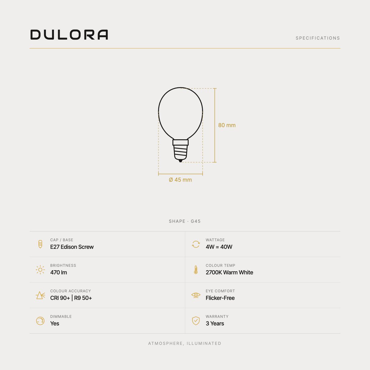 Dulora 4W G45 fancy round LED bulb E27 clear specifications: 470 lm, 2700K warm white, CRI 90+ and R9 50+, dimmable, flicker-free, 3 year warranty, 80mm by 45mm