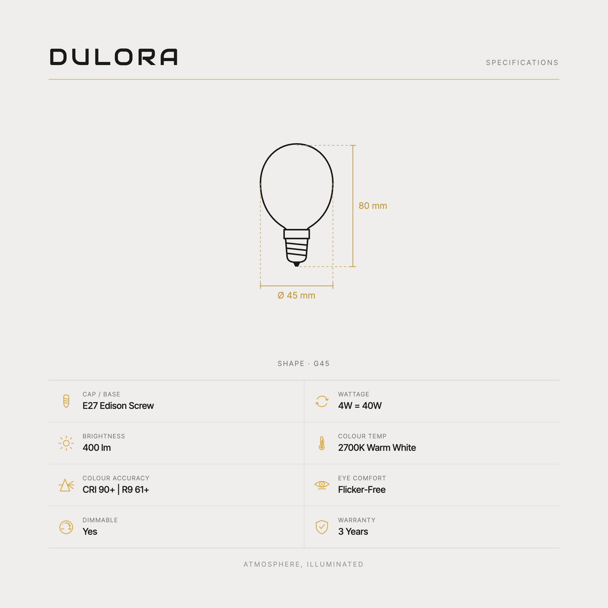 Dulora 4W G45 fancy round mirror crown LED bulb E27 specifications: 400 lm, 2700K warm white, CRI 90+ and R9 61+, dimmable, flicker-free, 3 year warranty, 80mm by 45mm