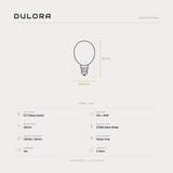 Dulora 4W G45 fancy round mirror crown LED bulb E27 specifications: 400 lm, 2700K warm white, CRI 90+ and R9 61+, dimmable, flicker-free, 3 year warranty, 80mm by 45mm