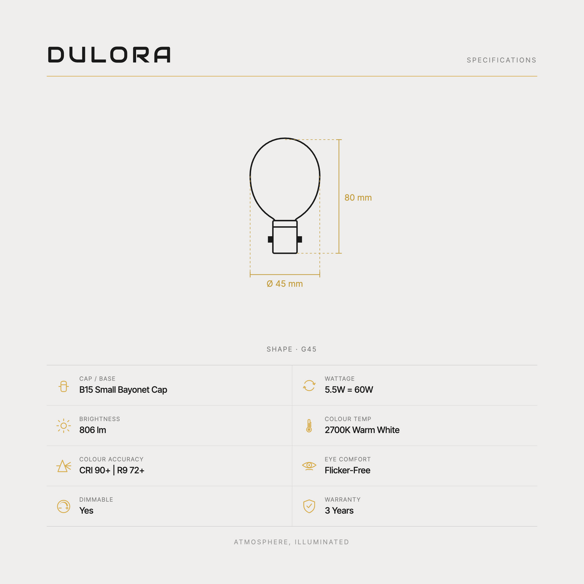 Dulora 5.5W G45 fancy round LED bulb B15 frost specifications: 806 lm, 2700K warm white, CRI 90+ and R9 72+, dimmable, flicker-free, 3 year warranty, 80mm by 45mm