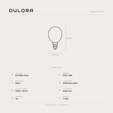 Dulora 5.5W G45 fancy round LED bulb E27 frost specifications: 806 lm, 2700K warm white, CRI 90+ and R9 72+, dimmable, flicker-free, 3 year warranty, 80mm by 45mm