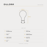 Dulora 6.5W A60 GLS LED bulb B22 clear extra warm specifications: 720 lm, 2200K extra warm, CRI 90+ and R9 51+, dimmable, flicker-free, 3 year warranty, 108mm by 60mm