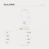 Dulora 6W 24V DC ST64 Edison LED bulb E27 specifications: 650 lumens, 2200K clear, CRI 90+, dimmable, low-voltage, 3-year warranty