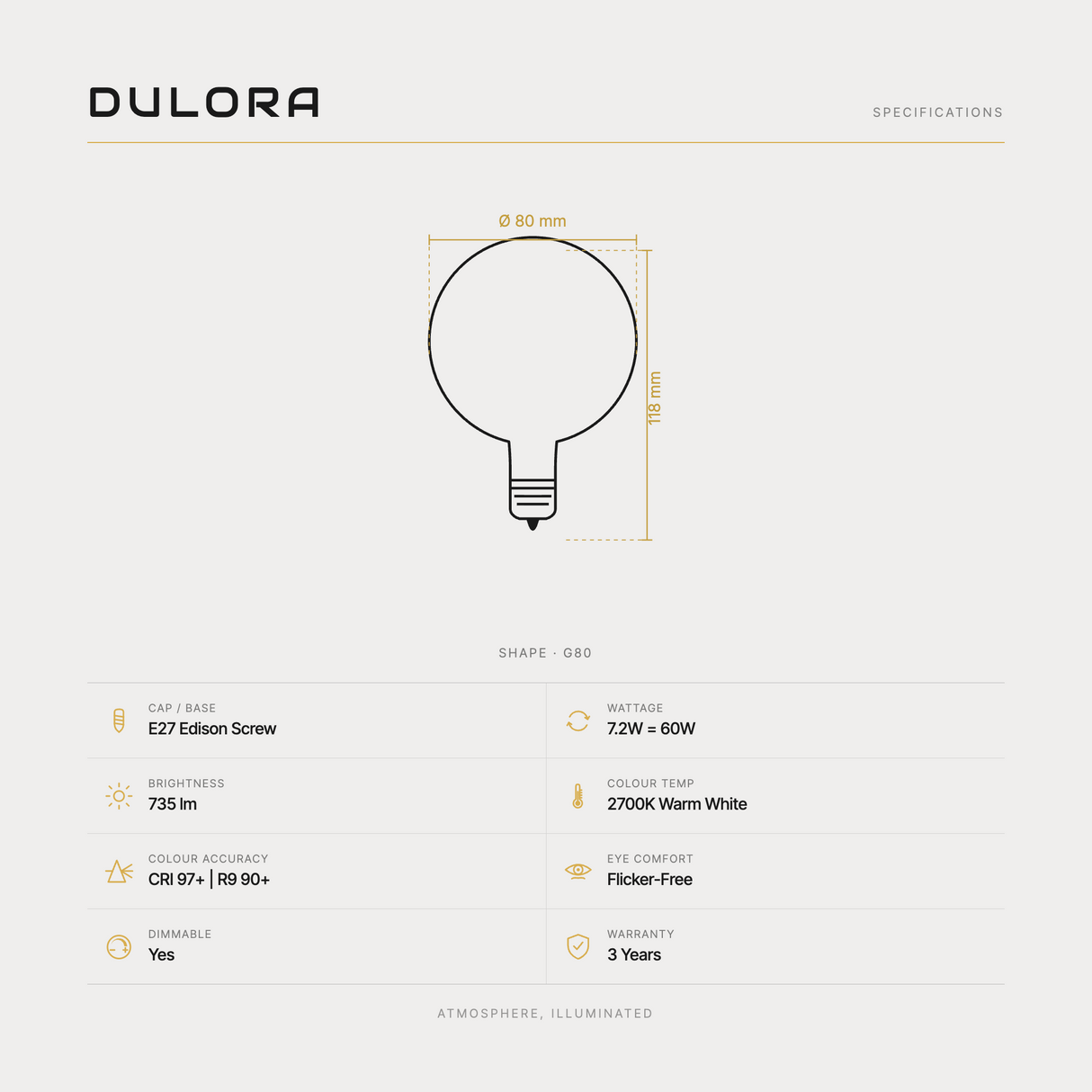 Dulora 7.2W G80 LED Globe E27 Porcelain Warm White specifications: E27 Edison Screw, 7.2W = 60W, 735 lumens, 2700K Warm White, CRI 97+ R9 90+, flicker-free, dimmable, 3 year warranty.