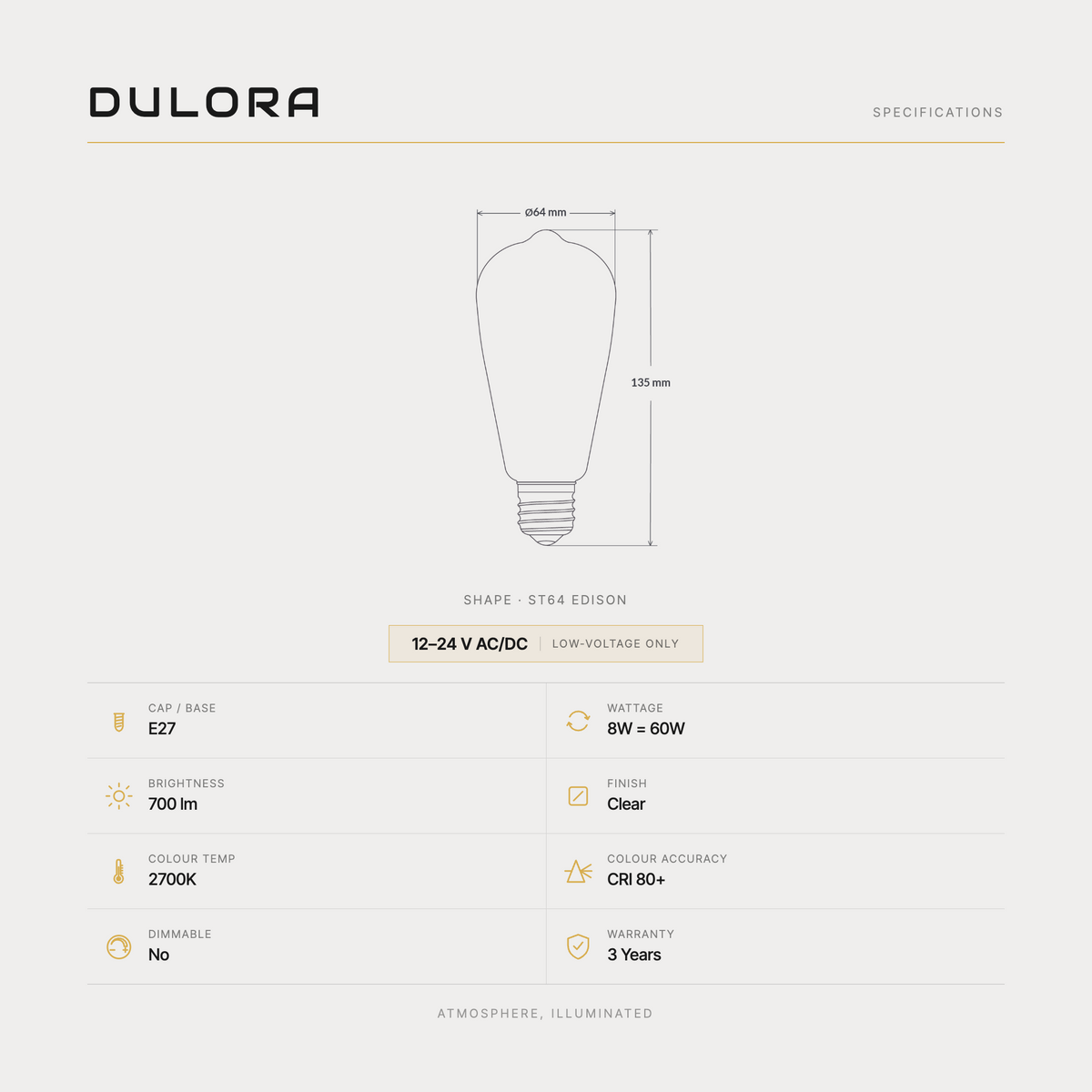 Dulora 8W 12-24V AC/DC ST64 Edison LED bulb E27 specifications: 700 lumens, 2700K clear, CRI 80+, low-voltage, non-dimmable, 3-year warranty