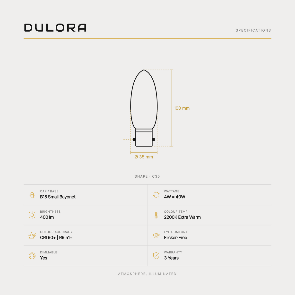 Dulora 4W C35 candle LED bulb B15 clear 2200K specifications: 400 lm, 2200K extra warm, CRI 90+ | R9 51+, dimmable, flicker-free, 3 year warranty, 100mm by 35mm