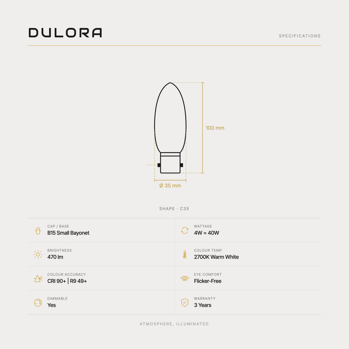 Dulora 4W C35 candle LED bulb B15 frost specifications: 470 lm, 2700K warm white, CRI 90+ | R9 49+, dimmable, flicker-free, 3 year warranty, 100mm by 35mm