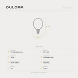 Dulora 4W G45 fancy round mirror crown LED bulb E14 specifications: 400 lm, 2700K warm white, CRI 90+ | R9 55+, dimmable, flicker-free, 3 year warranty, 80mm by 45mm