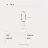 Dulora 5.5W C35 candle LED bulb B15 clear specifications: 806 lm, 2700K warm white, CRI 90+ | R9 59+, dimmable, flicker-free, 3 year warranty, 100mm by 35mm