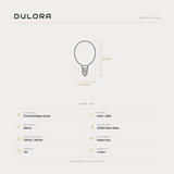 Dulora 5.5W G45 fancy round LED bulb E14 clear specifications: 806 lm, 2700K warm white, CRI 90+ | R9 59+, dimmable, flicker-free, 3 year warranty, 80mm by 45mm