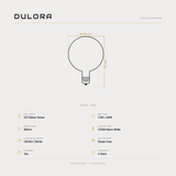 Dulora 7.2W G125 LED Globe E27 Clear Warm White specifications: E27 Edison Screw, 7.2W = 60W, 806 lumens, 2700K Warm White, CRI 90+, R9 60, flicker-free, dimmable, 3 year warranty.